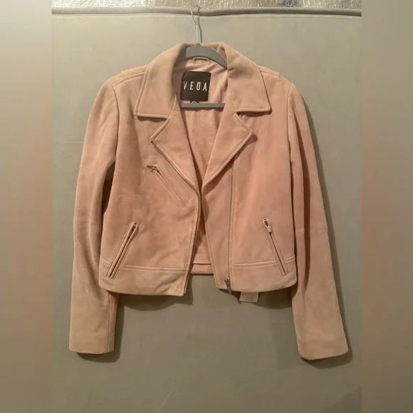 Reformation VEDA Beige Women's Suede Moto Jacket Size Medium Pink Cloud - Picture 3 of 8